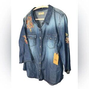 Ruff Hewn Denim Shirt Size L Button Dwn Pearl Buttn Embroidered Floral Womens